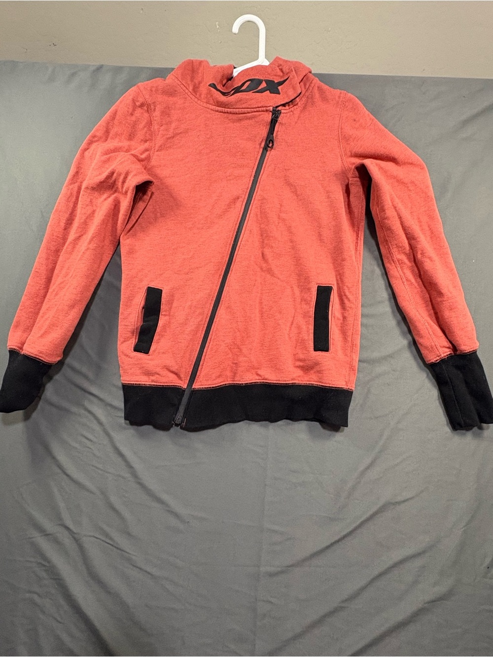 Fox Coral and Black Hooded Jacket with Asymmetrical Zip